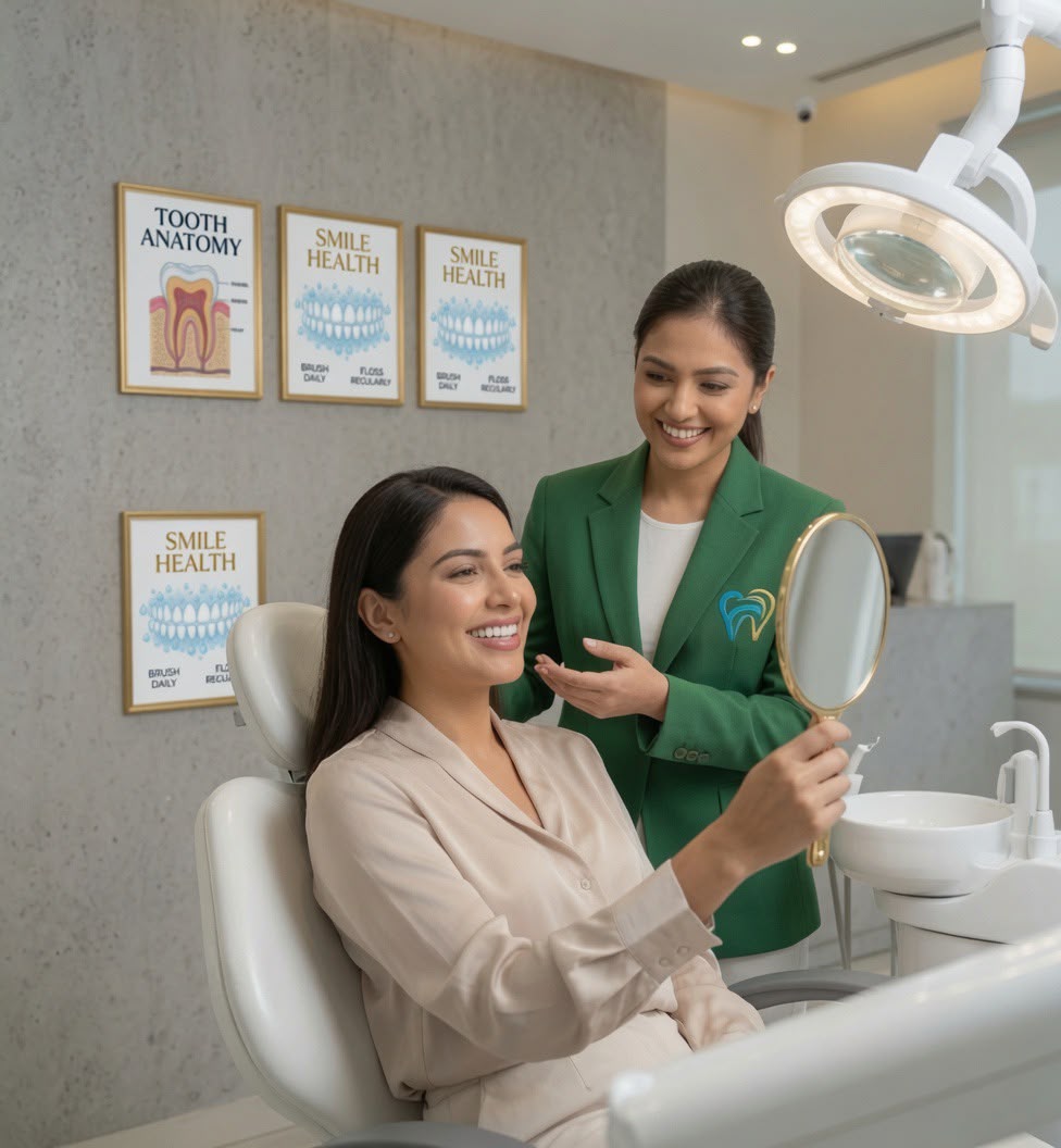 Patient consultation with dentist reviewing smile results